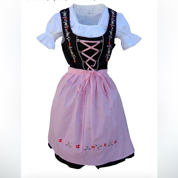 dirndl world Dresses & Skirts - Nwt Charming black mini dirndl dress with white blouse and a pink apron.